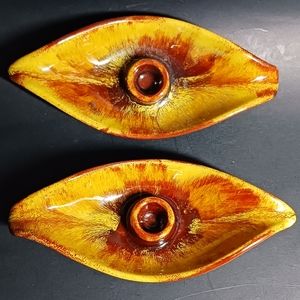 2 Leaf Shaped Pottery Candlestick Holders Blue Mountain Pottery, Rustic Glaze